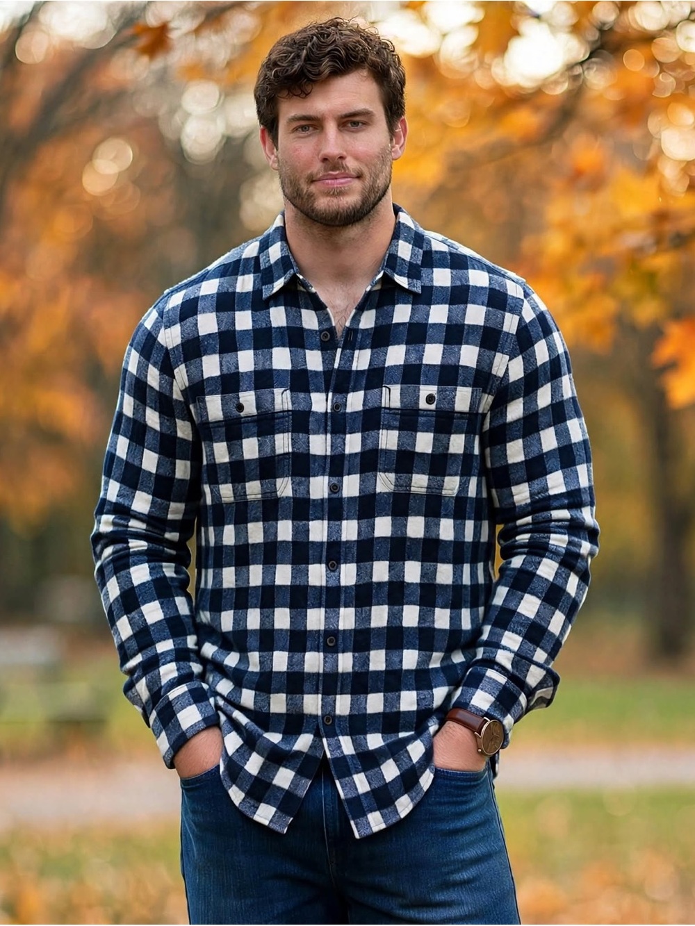J. Crew Navy and White Check Button-Down Shirt